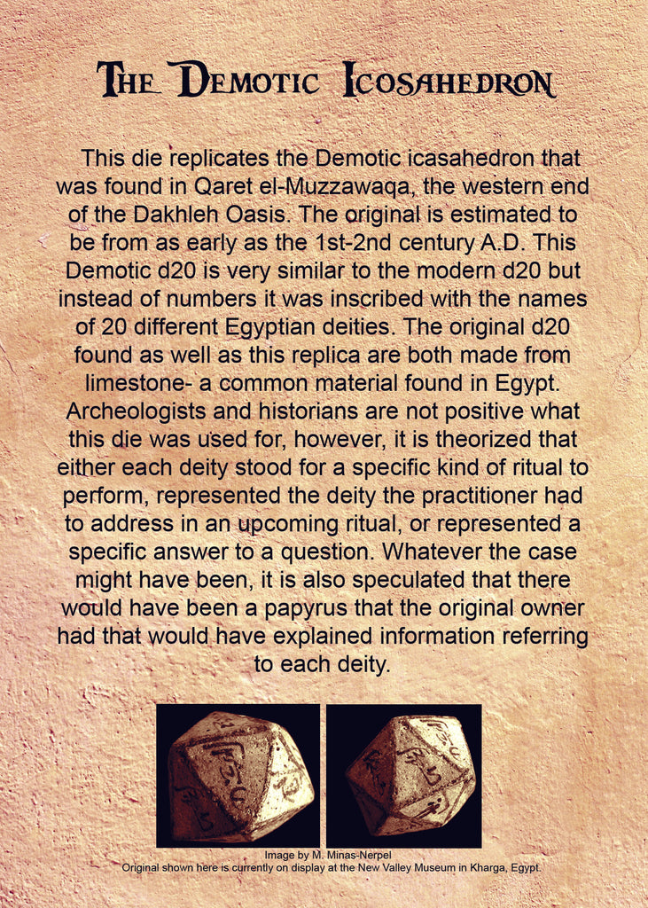 Demotic Limestone information card about demotic icosahedron die