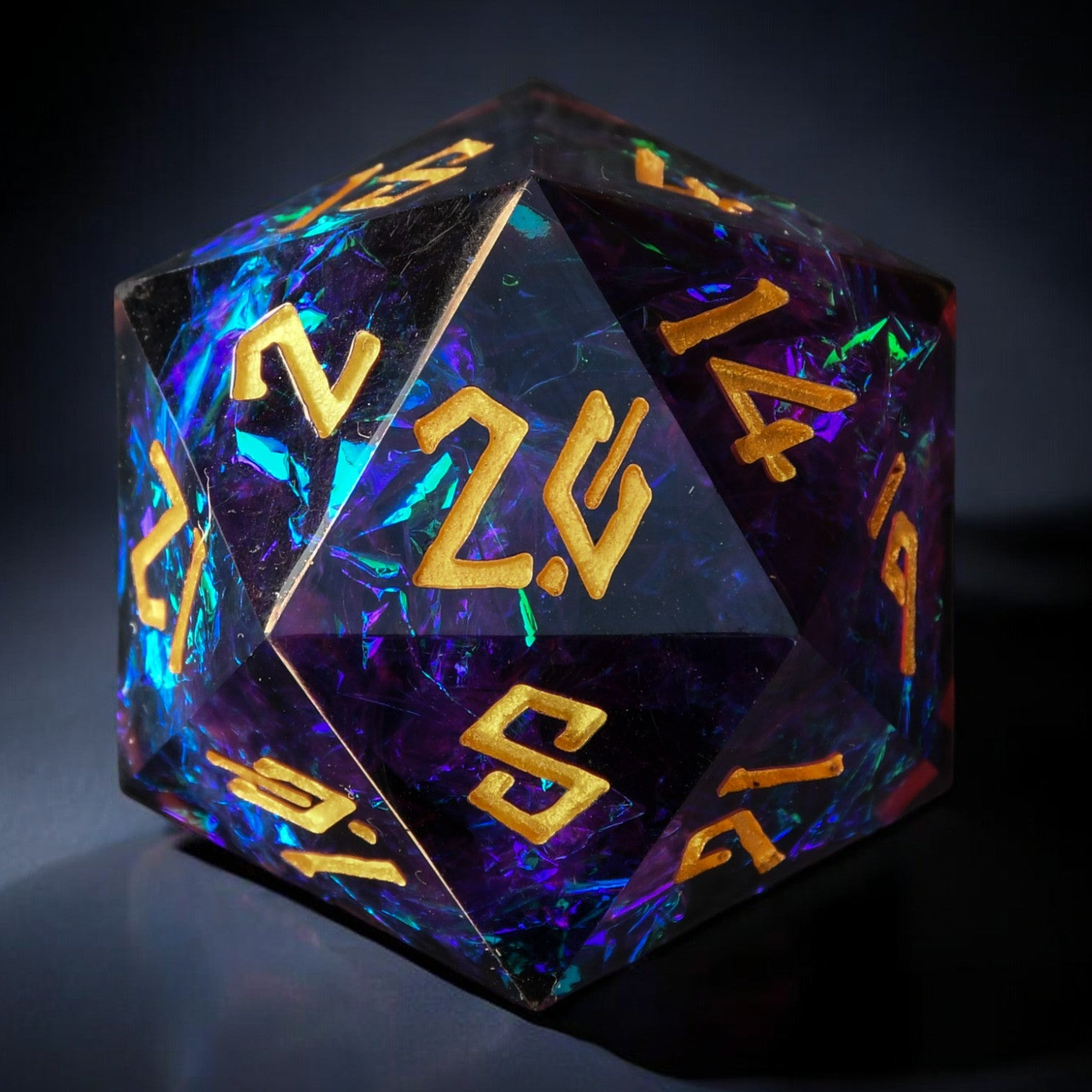 A hand-crafted, sharp-edged resin dice with hand-painted numbers, featuring a black color with purple and gold accents, illuminated by a spotlight.