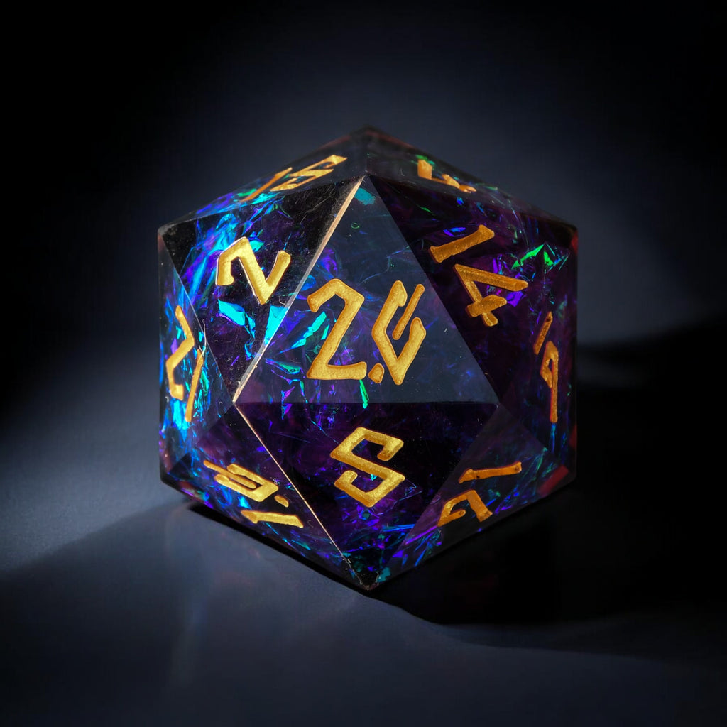 A hand-crafted, sharp-edged resin dice with hand-painted numbers, featuring a black color with purple and gold accents, illuminated by a spotlight.
