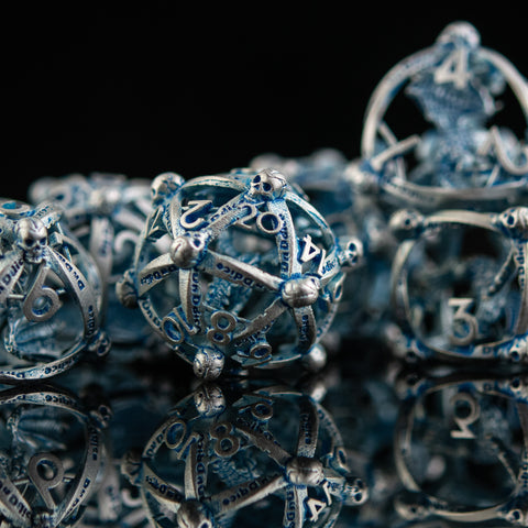 Draco Immortui Hollow Metal Dice Set - Aqua and Silver