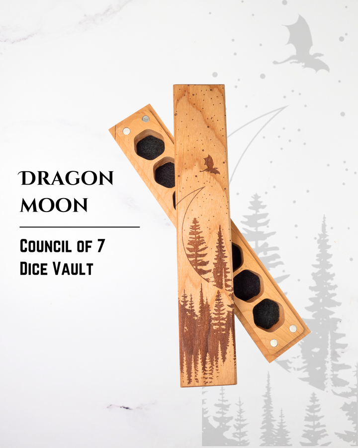 Wooden dice vault with nature design on a white background with tree silhouettes