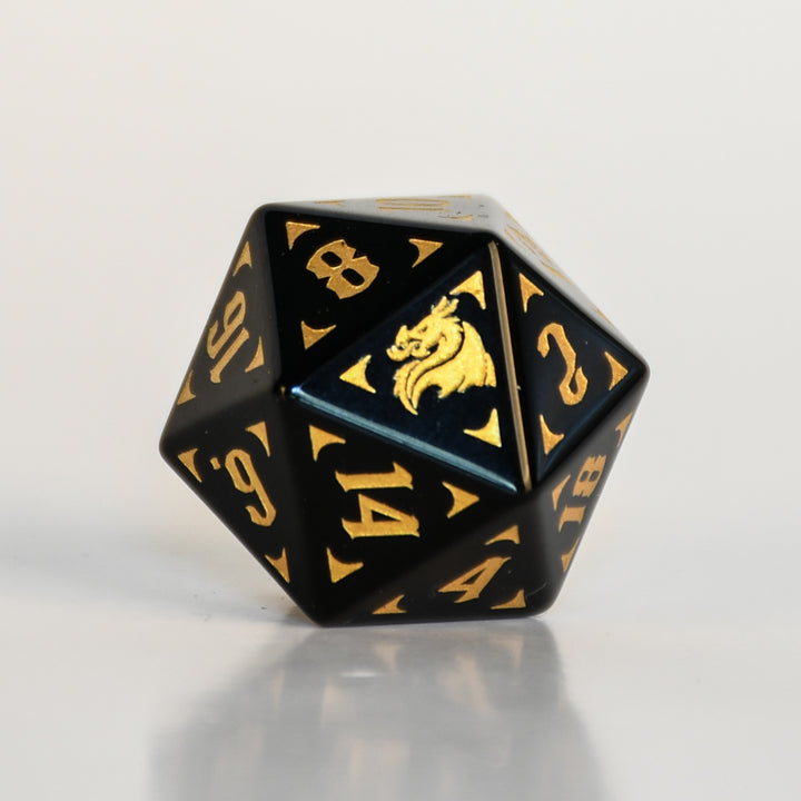 Black Obsidian Gemstone d20 DnD Die with gold numbers, dragon heads and wing adornments