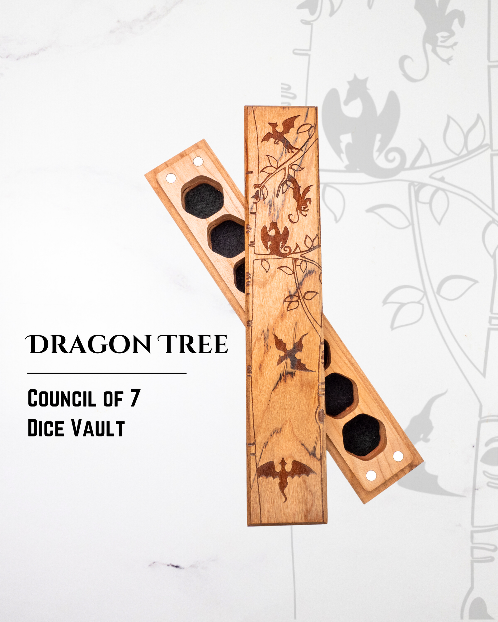 Wooden dice vault with dragon and tree design on a white background