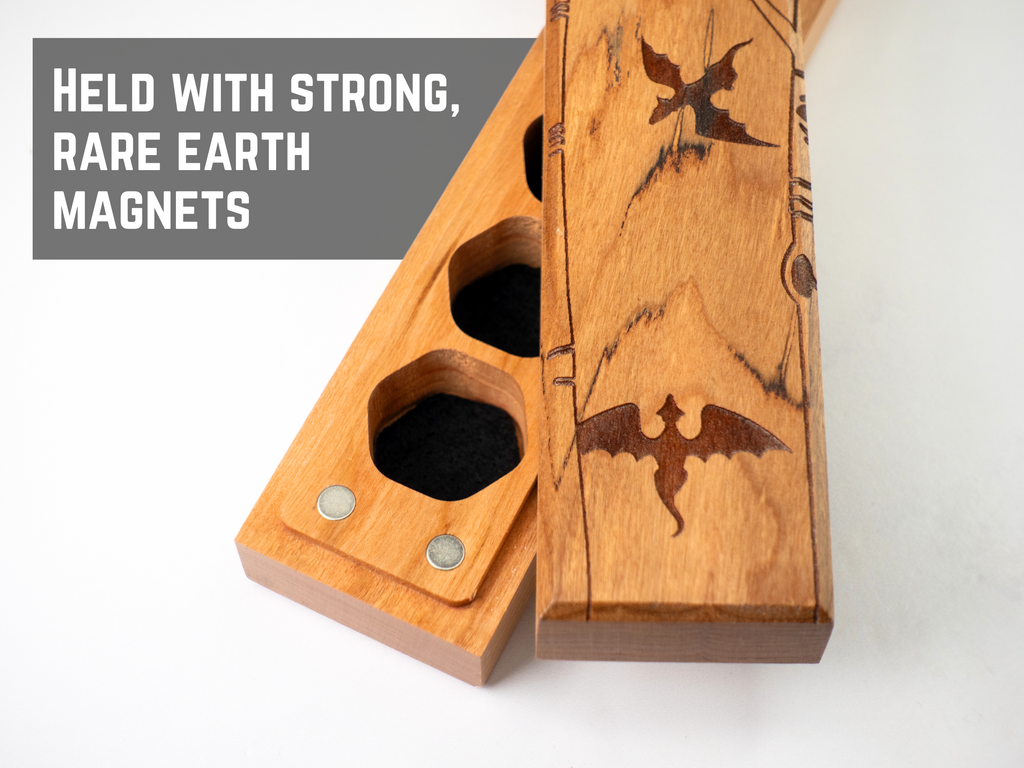 wood dice vault engraved with dragons for dnd dice