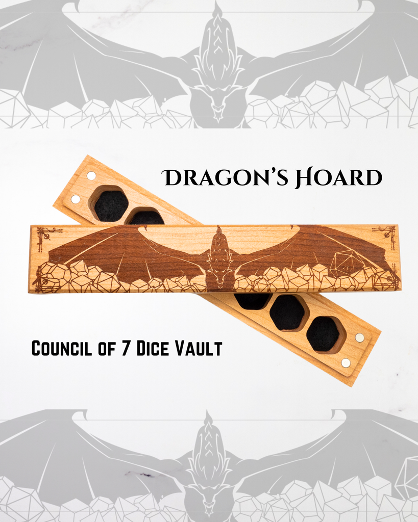 Wooden dice vault with dragon design on a gray background