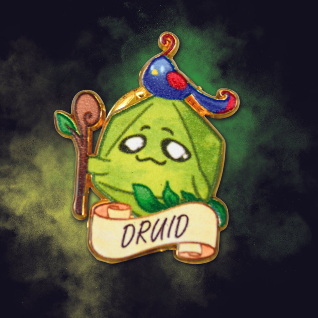 d20 pin character holding a staff with a banner labeled 'Druid' on a dark background