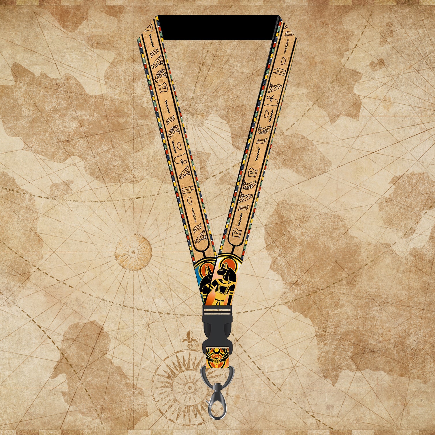 A lanyard with a beige and black color scheme featuring Egyptian-themed graphics, including hieroglyphs and a scarab, displayed against a vintage map background.