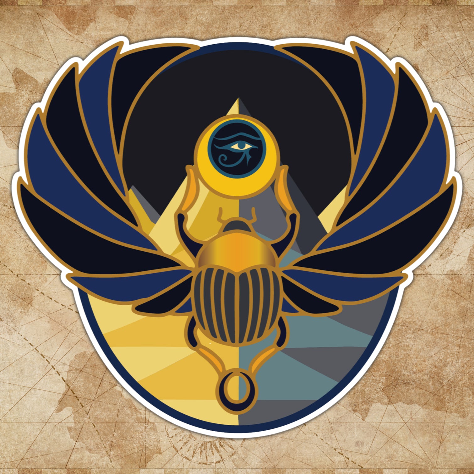 A sticker depicting a colorful, artistic representation of an Egyptian scarab with outstretched wings, set against a beige background with a geometric pattern.