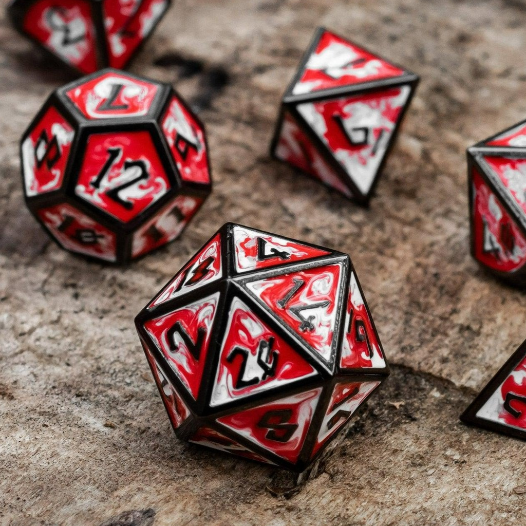 A set of white and bloody red metal polyhedral dnd dice with black borders and numbers