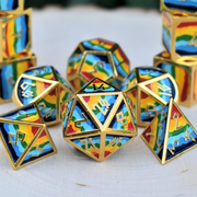 a set of rainbow metal dnd dice with gold borders and numbers on a wooden surface for wargaming tabletop gaming and board games