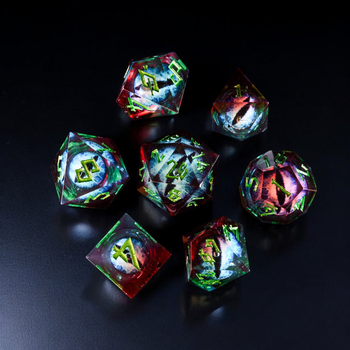 A set of resin dice with a liquid core, featuring a variety of colors and eyes on each die, arranged on a dark background.