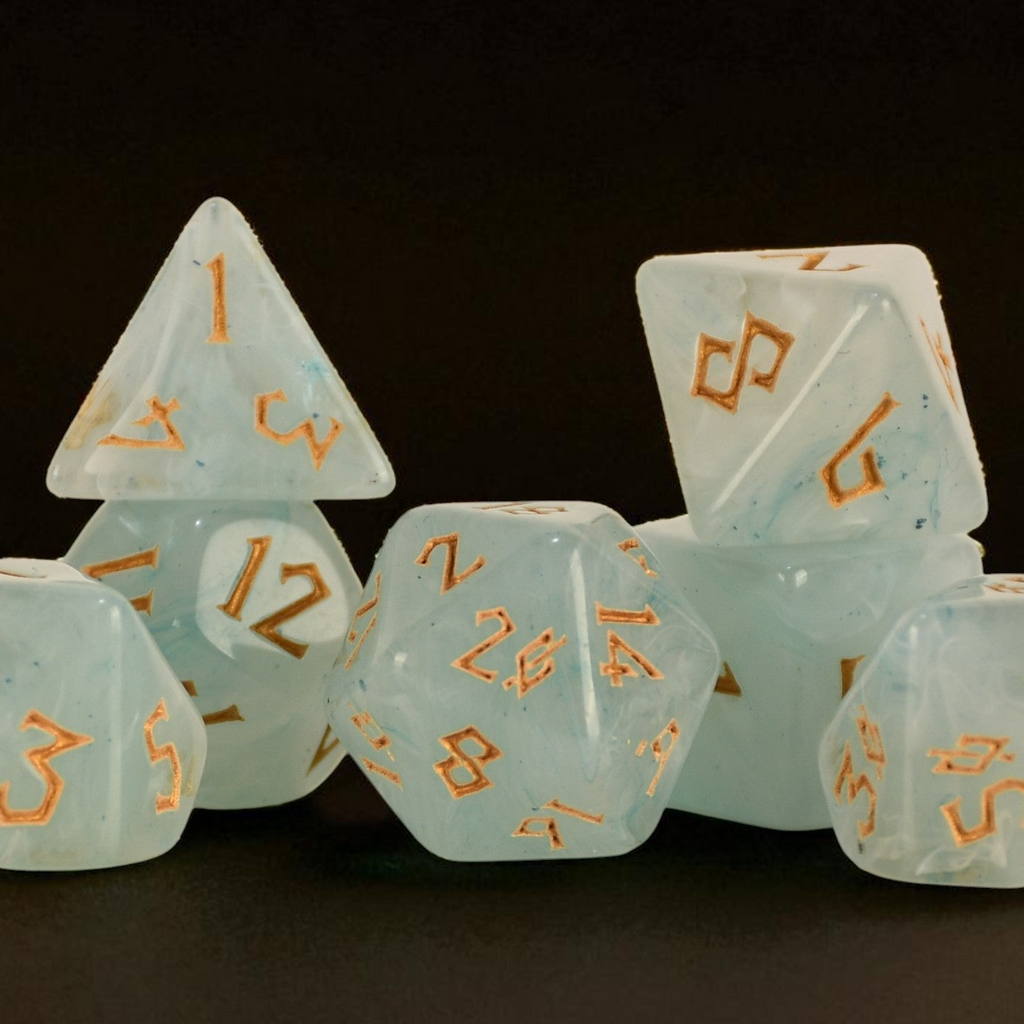 Set of translucent dice with orange numbers on a dark background