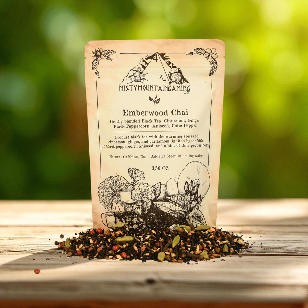 Tea packaging for 'Emberwood Chai' with tea leaves on a wooden surface