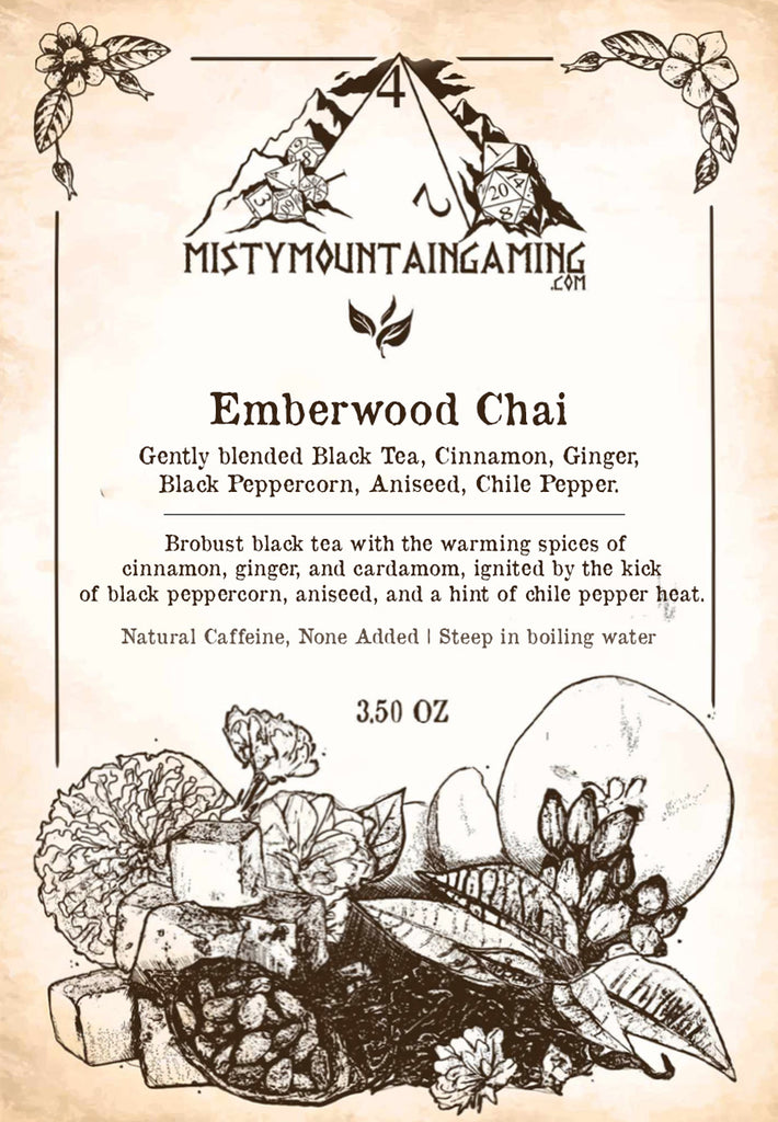 Product label for 'Emberwood Chai' featuring illustrations of tea leaves, spices, and plants, with text detailing the product name and ingredients such as black tea, cinnamon, ginger, black peppercorn, and chili pepper.