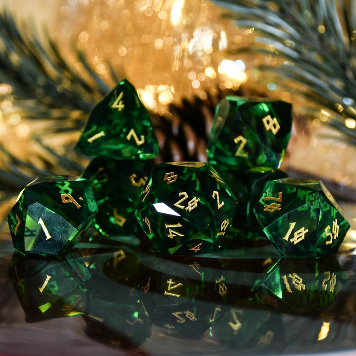 Emerald Multifaceted Glass Dice with gold numbering for dnd and ttrpg
