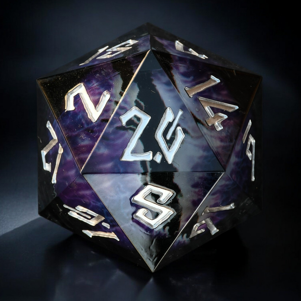 Polyhedral dice with purple and black design on a dark background