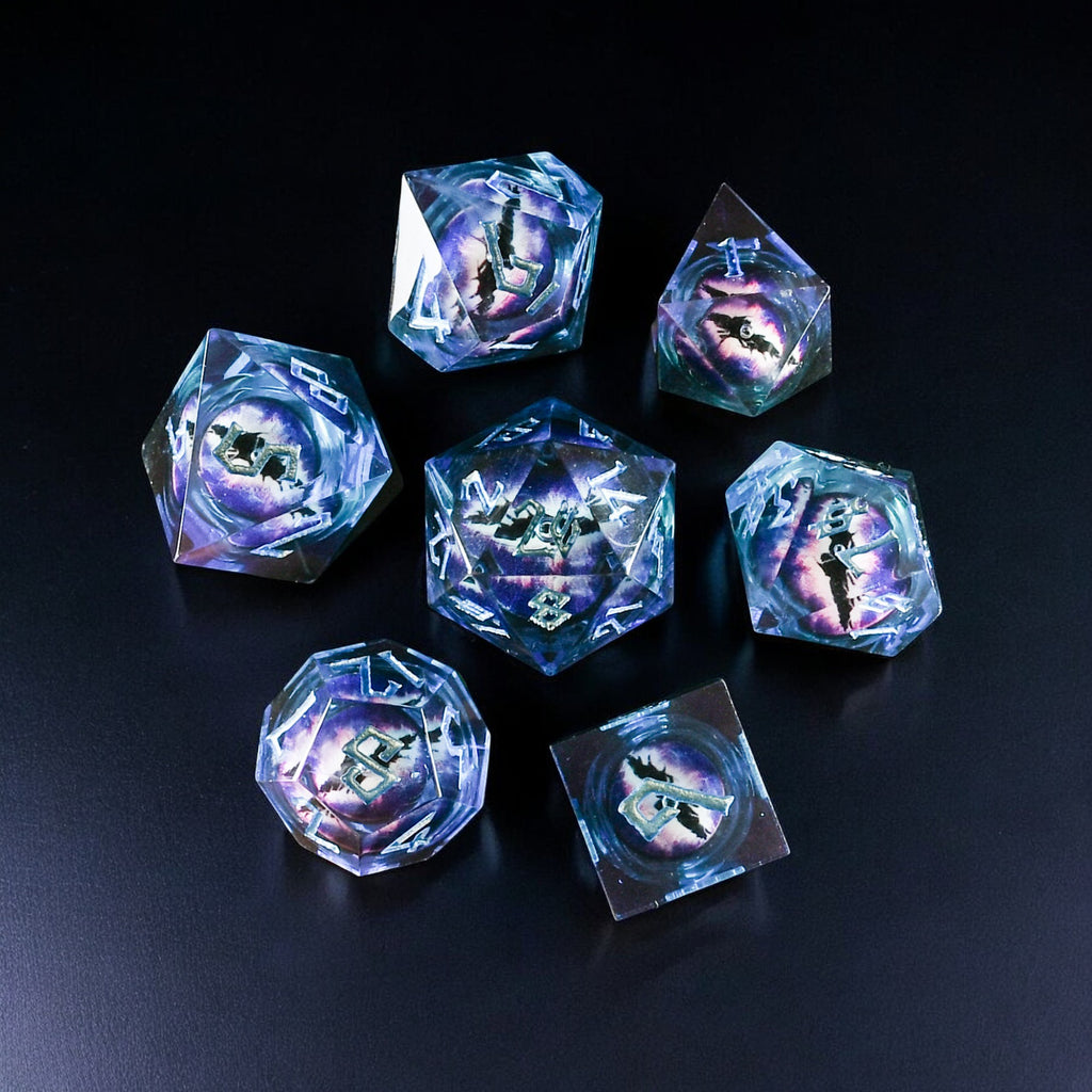 A set of resin dice with blue liquid core and purple eyes, including various shapes such as a d4, d6, d8, d10, d12, and d20, displayed on a dark background.