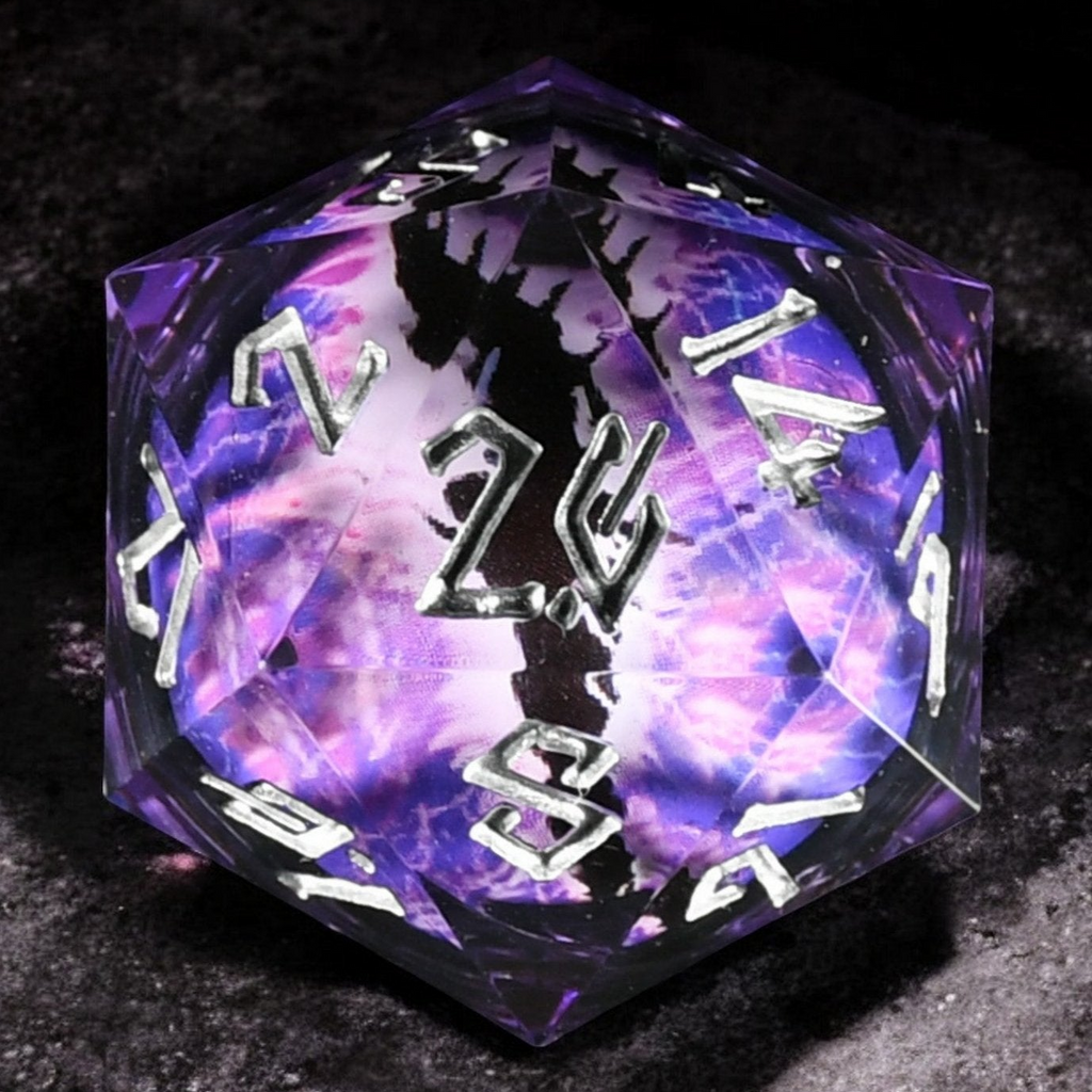 A 50mm black and silver dice with engraved numbers and a liquid core, resembling an eye, placed on a surface with a flame in the background.