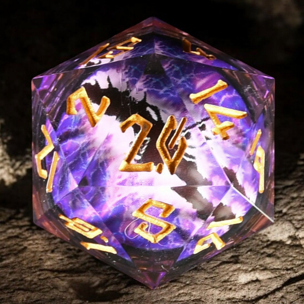 A purple and gold colored, resin-cast, 50mm D20 dice with engraved numbers, appearing to have a floating eyeball in the center, placed on a textured surface.