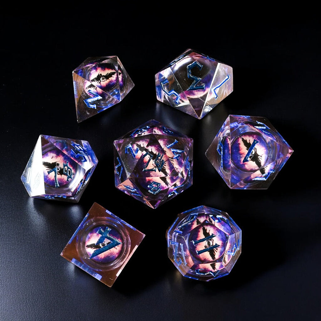 A set of resin liquid core dice with purple liquid and hand-painted numbers, including various shapes such as a four-sided die, six-sided die, eight-sided die, ten-sided die, twelve-sided die, and twenty-sided die.
