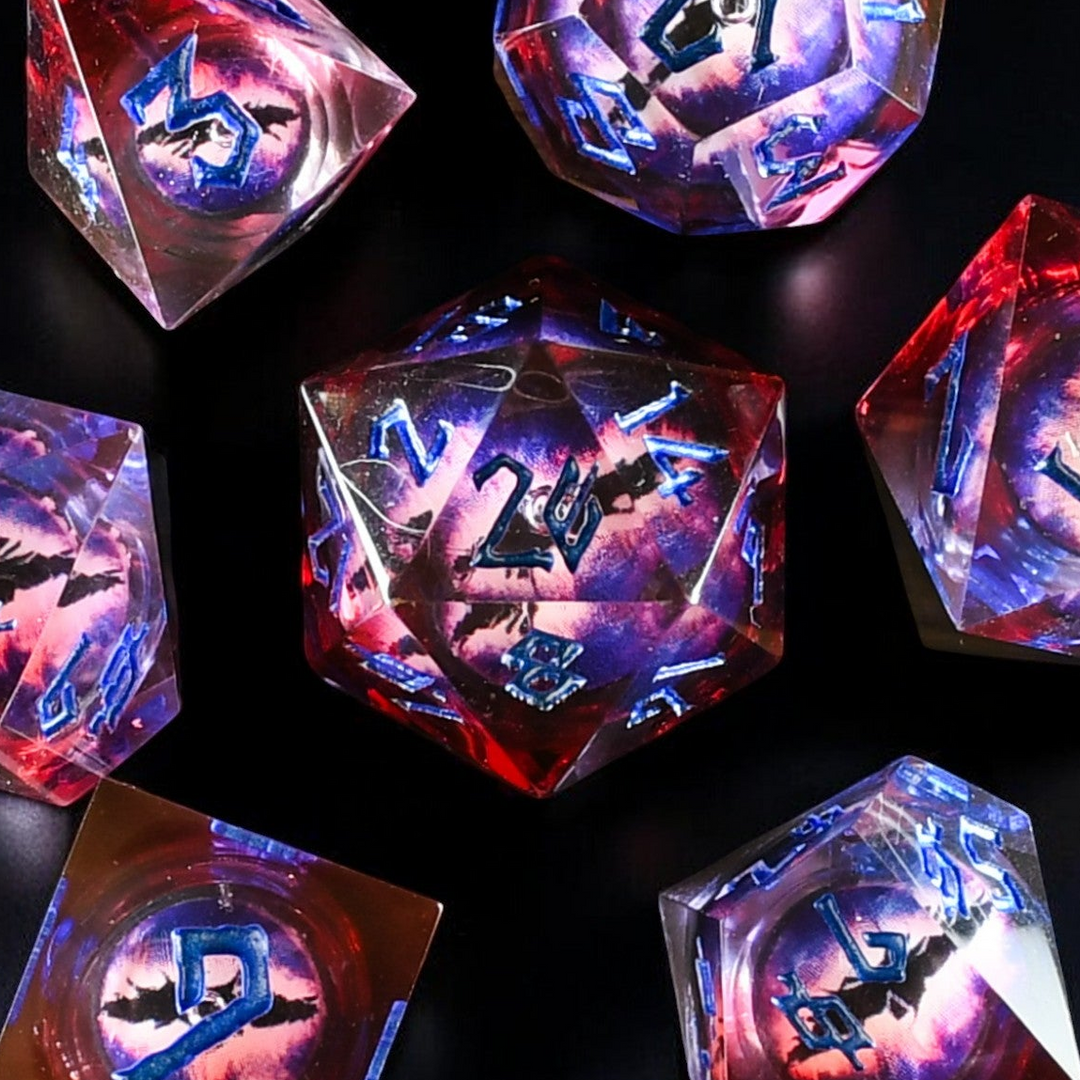 Colorful geometric crystal-like dnd dice with glowing patterns on a dark background