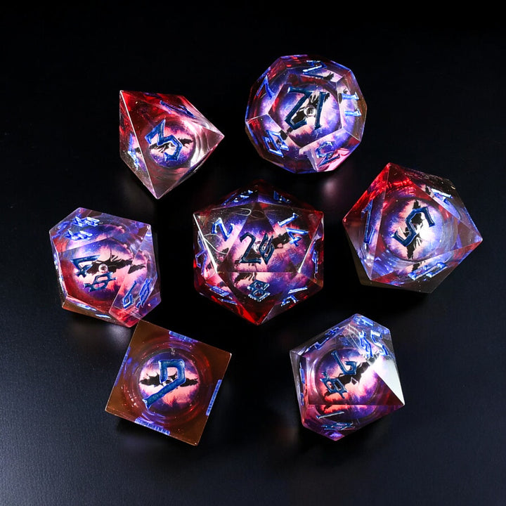 A set of resin core dice with a liquid-like appearance and eyes painted on the dice, set on a dark background.