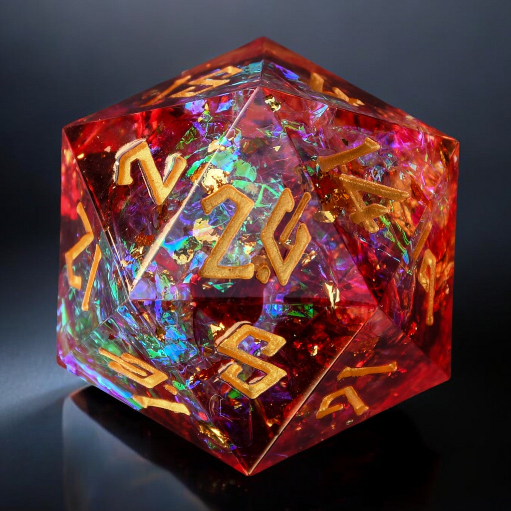 Multicolored d20 die with gold numbers on a dark background