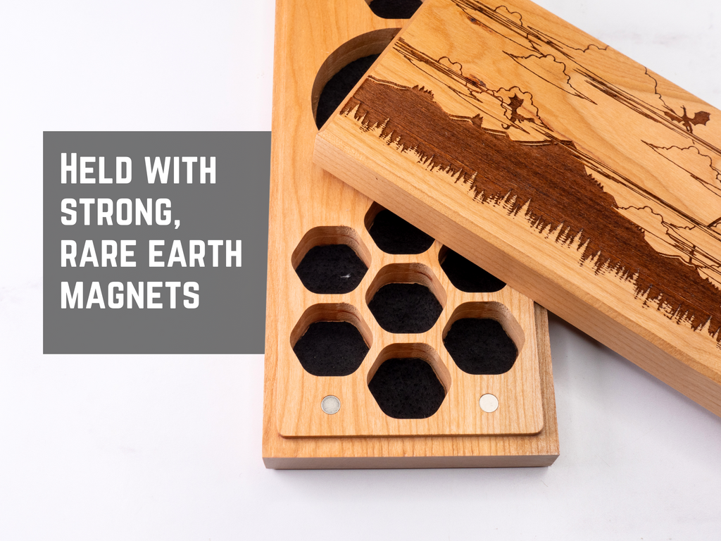 wooden dice vault for polyhedral dice storage for tabletop gaming