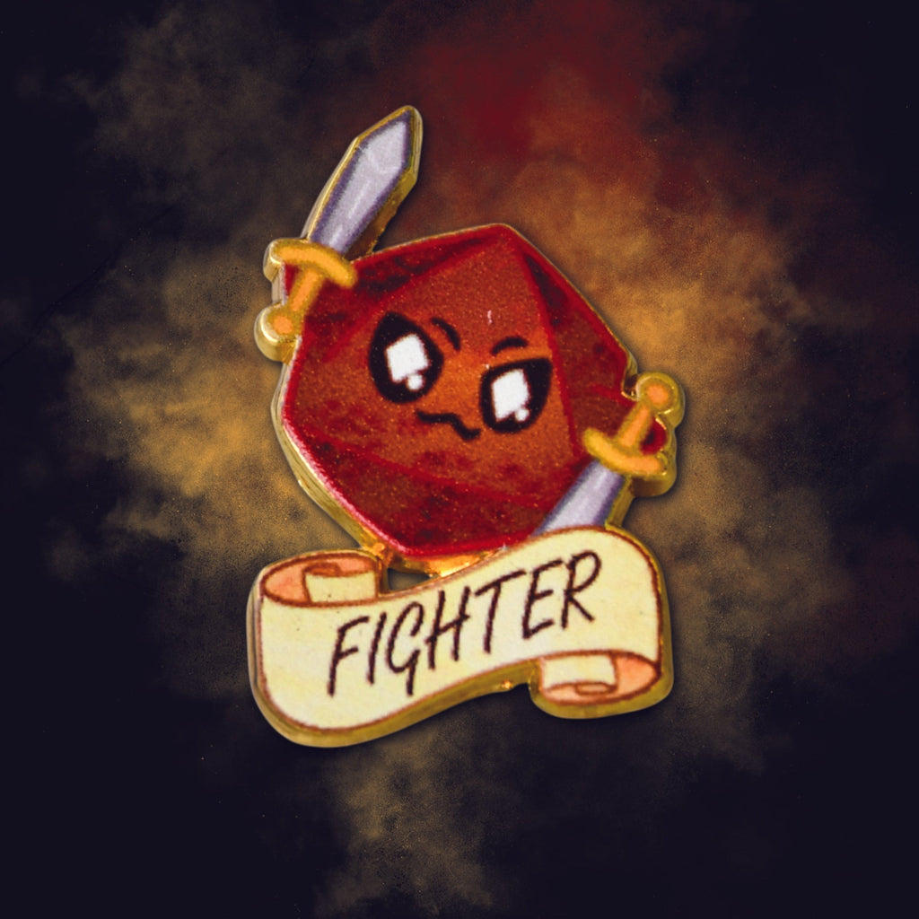 d20 shaped dice character with a sword and 'FIGHTER' banner on a dark background