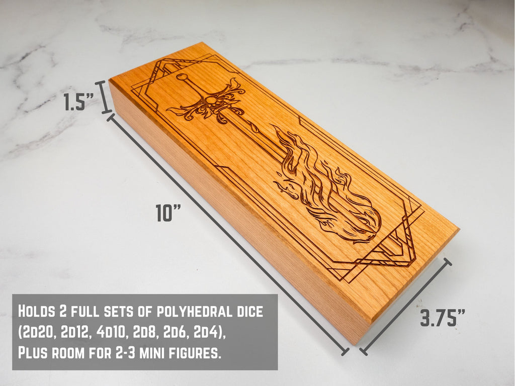 Wooden dice storage box with engraved design on a marble surface