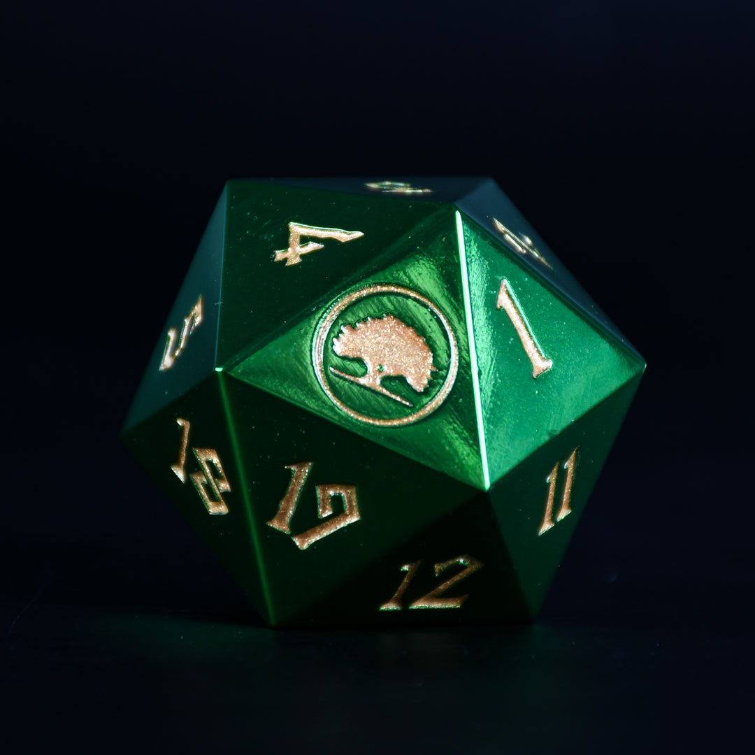 Forest mana mtg spindown metal d20 die with gold numbering on a black background