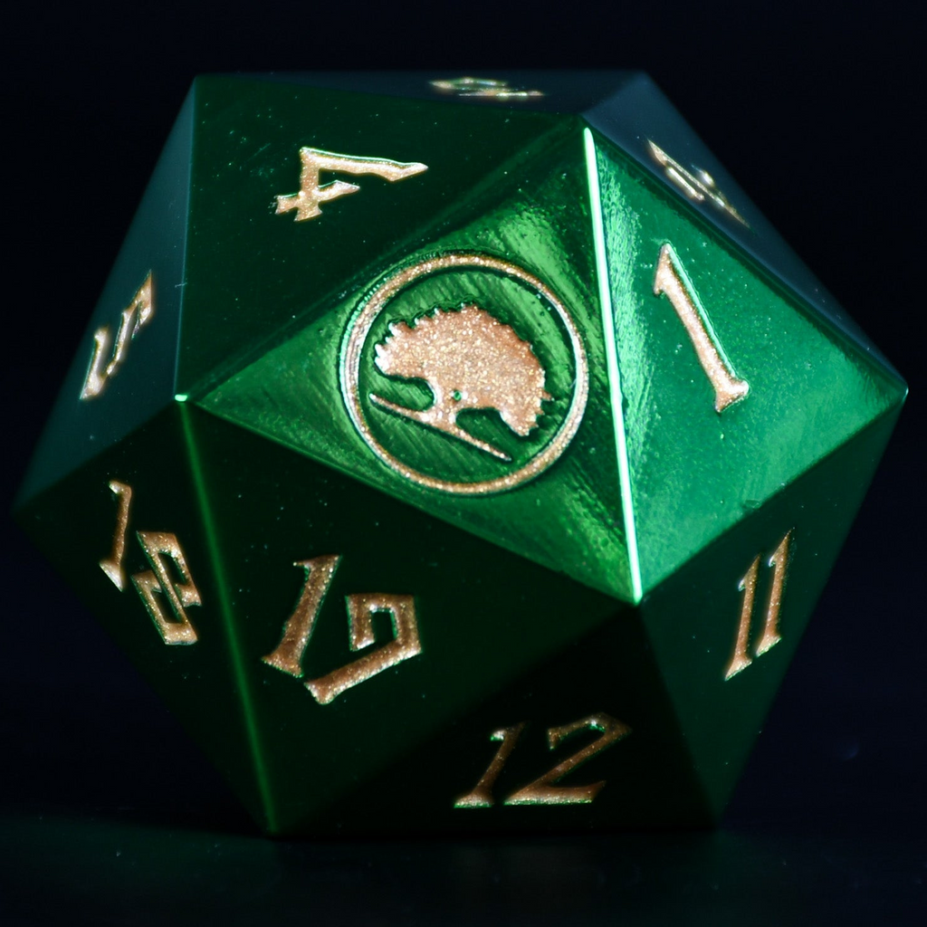 Forest mana mtg spindown metal d20 die with gold numbering on a black background