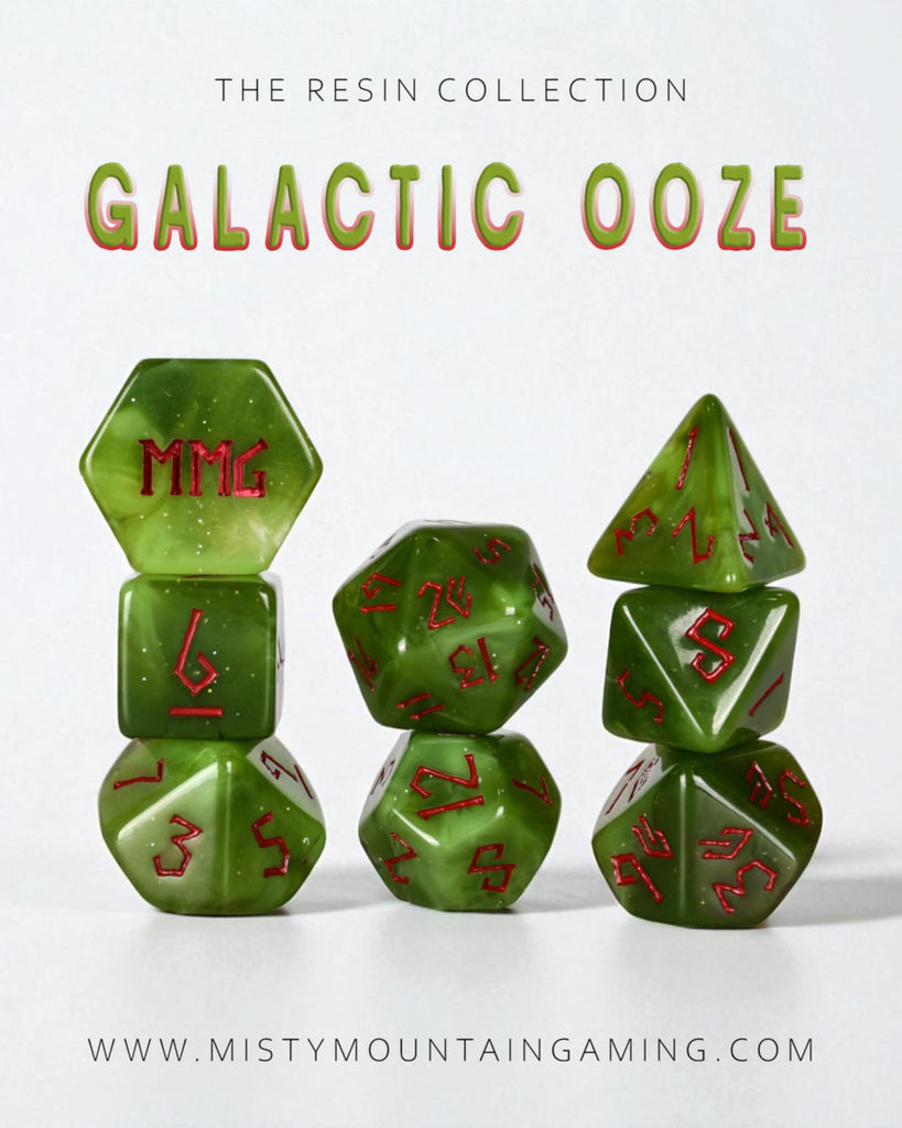 Green polyhedral resin dice set with red numbering on a white background, labeled 'Galactic Ooze' by Misty Mountain Gaming.