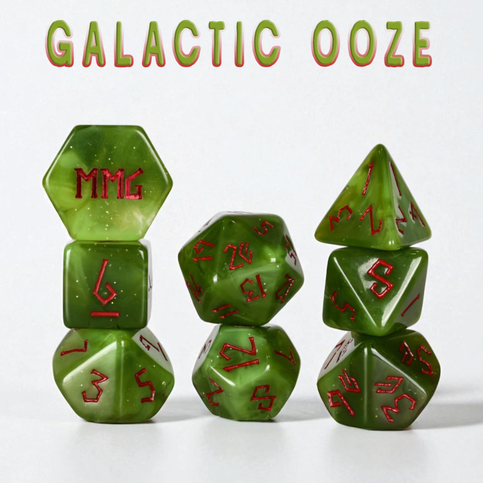 Green polyhedral resin dice set with red numbering on a white background, labeled 'Galactic Ooze' by Misty Mountain Gaming.