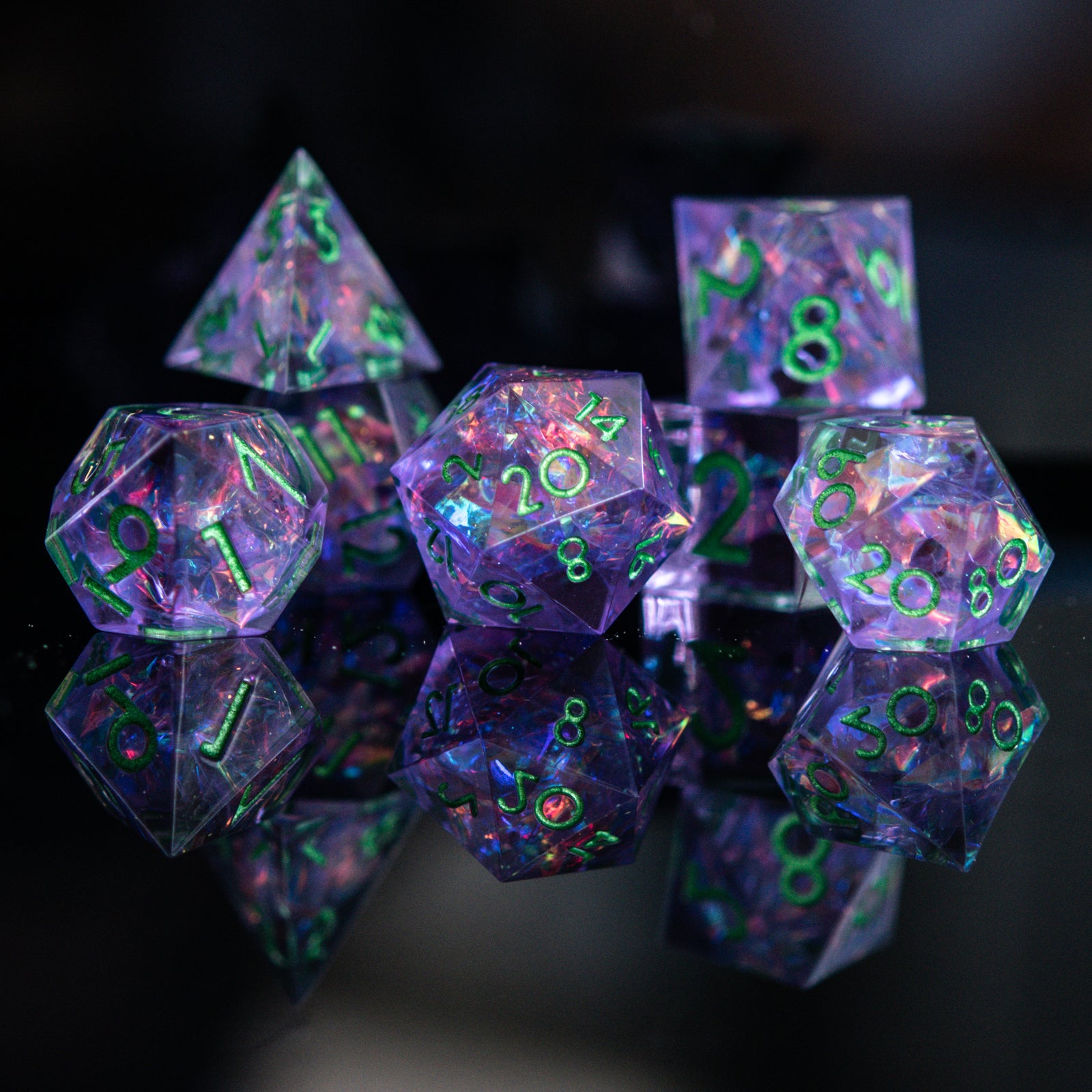 purple clear sharp edge resin dnd dice with colorful iridescent foil inside and green numbering