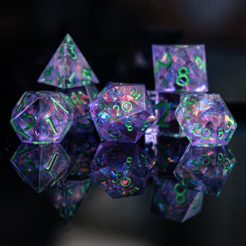 purple clear sharp edge resin dnd dice with colorful iridescent foil inside and green numbering