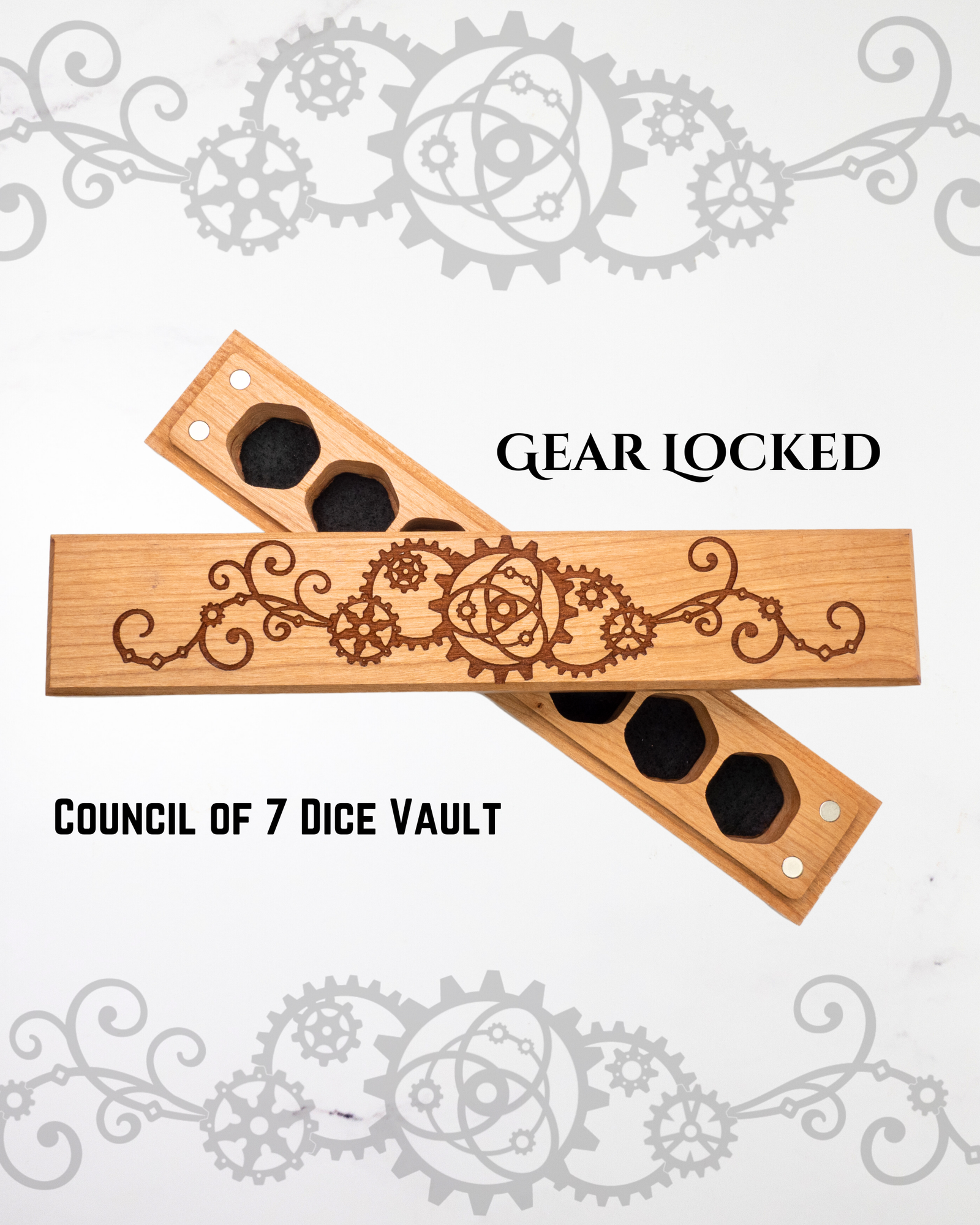 Wooden dice vault with gear design on a white background with decorative gears.