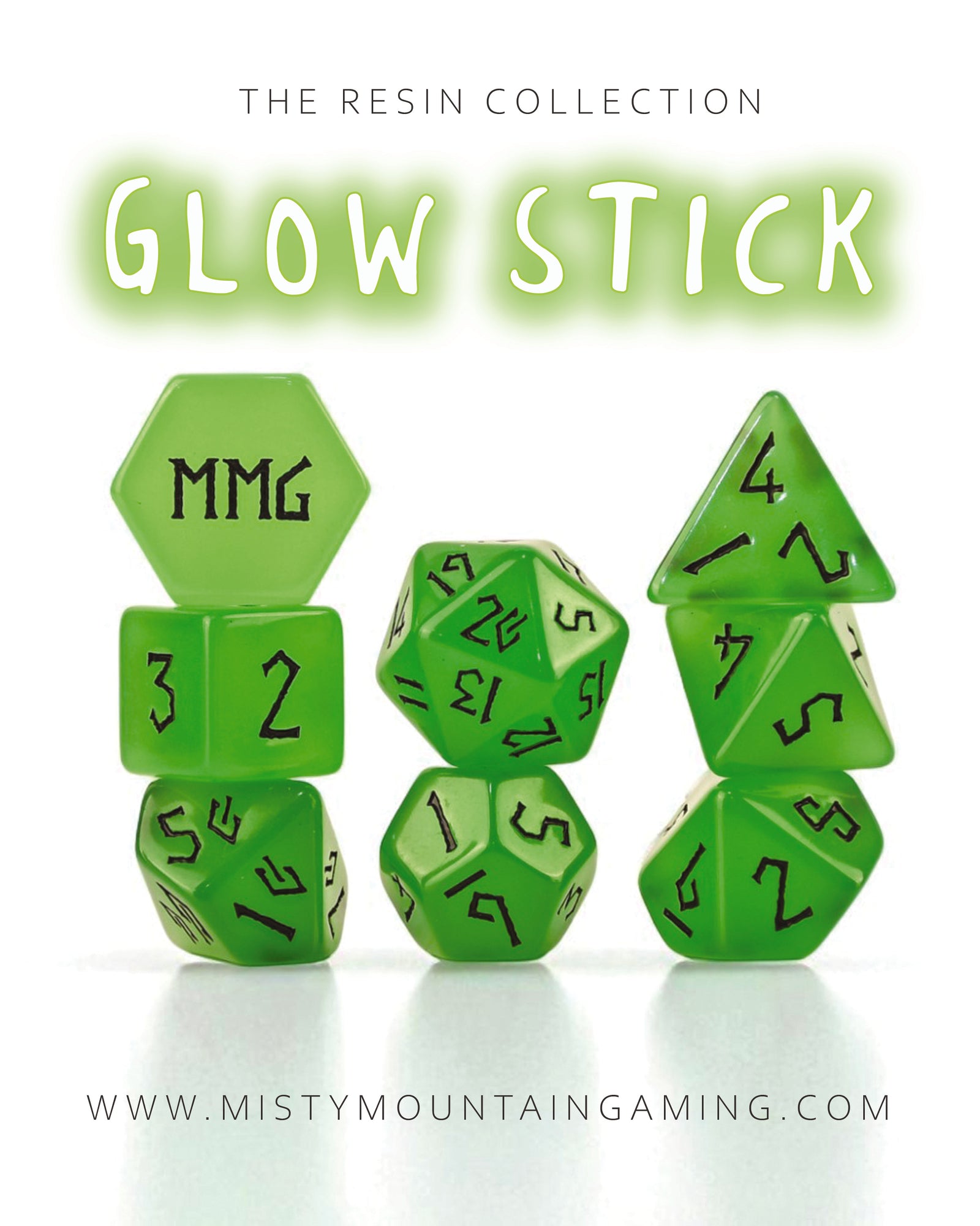 Glowing green polyhedral resin dice set with 'MMG' branding on a white background