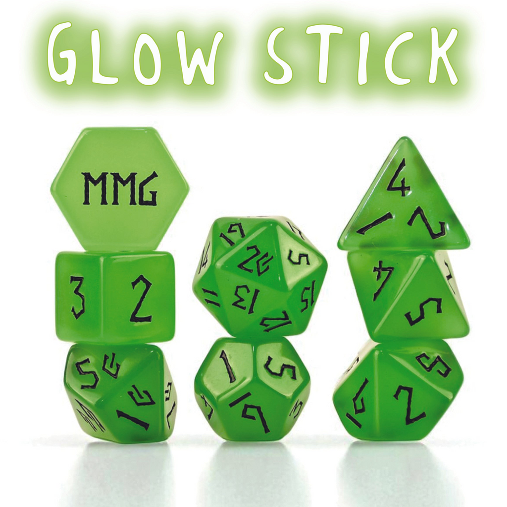 Glowing green polyhedral resin dice set with 'MMG' branding on a white background