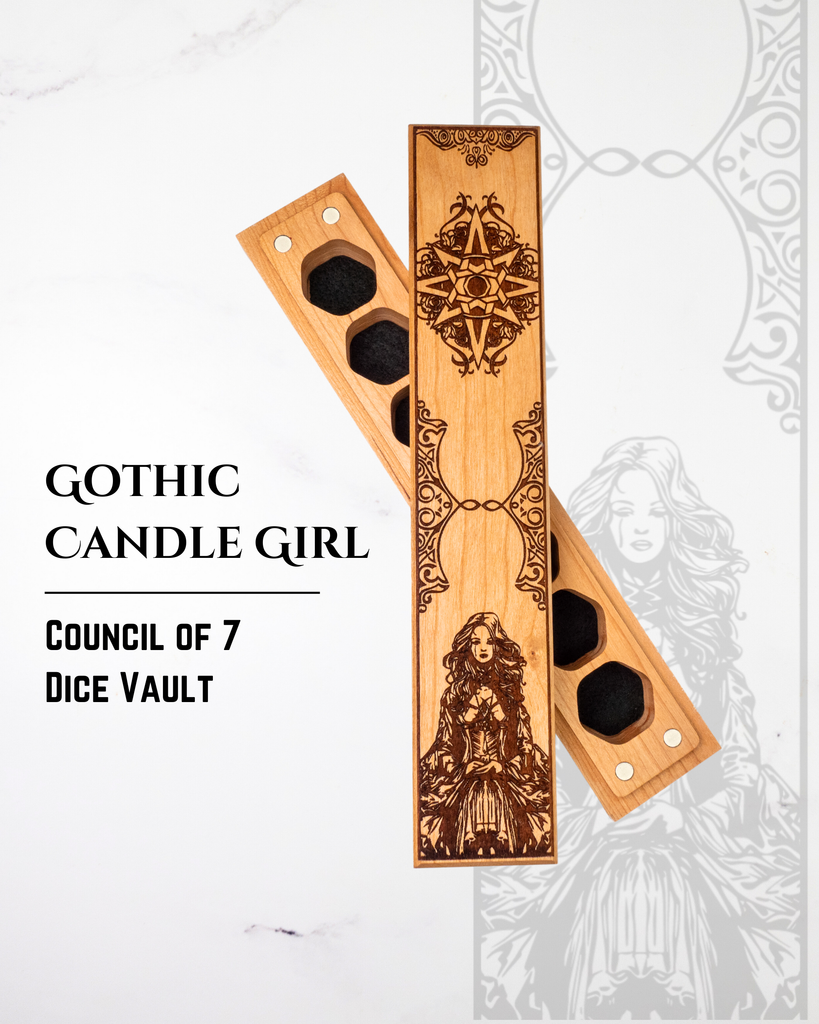 Wooden dice vault with intricate designs on a white background, featuring the brand 'Gothic Candle Girl'.
