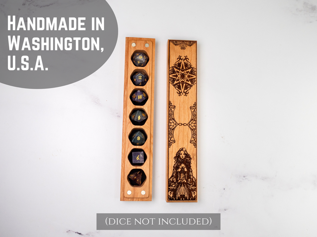 Wooden dice vault stands with engraved designs on a white background, labeled 'Handmade in Washington, U.S.A.'