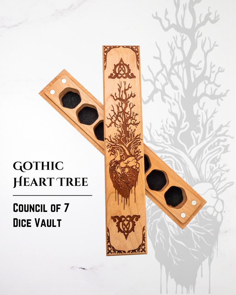 Wooden dice vault with 'Gothic Heart Tree' design on a white background
