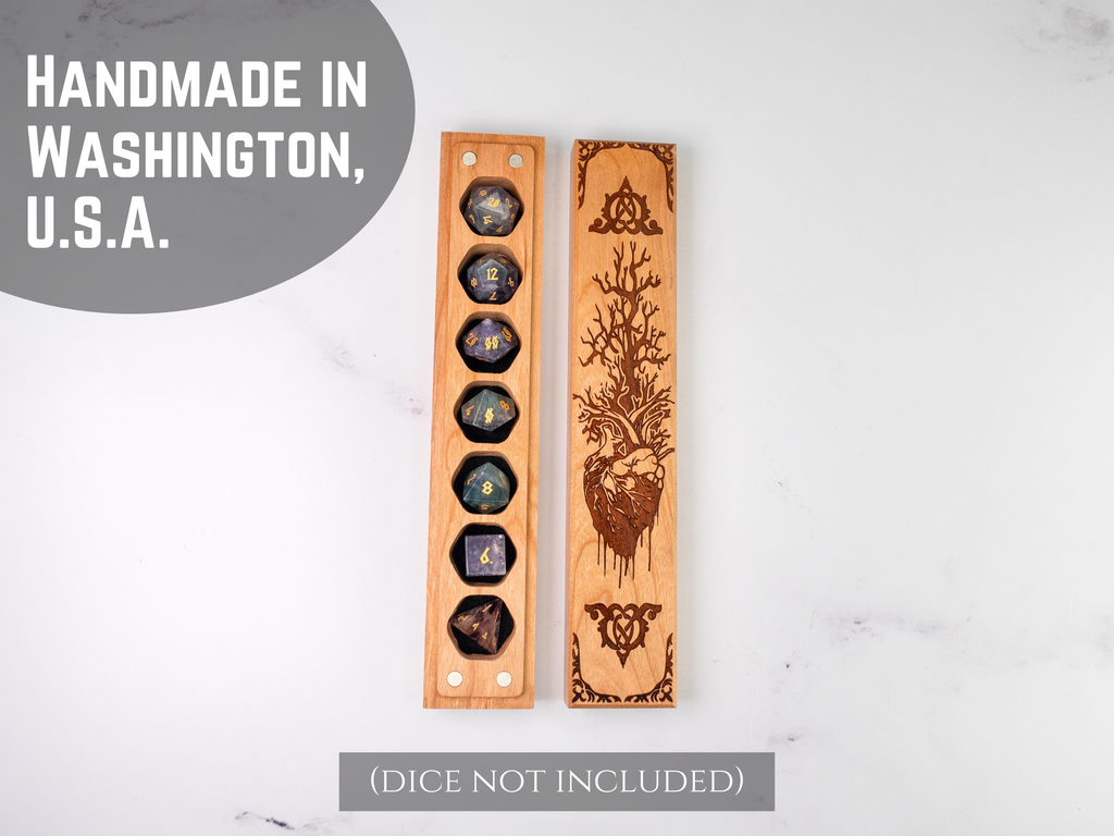 Wooden dice vault stands with engraved designs on a white background, labeled 'Handmade in Washington, U.S.A.'