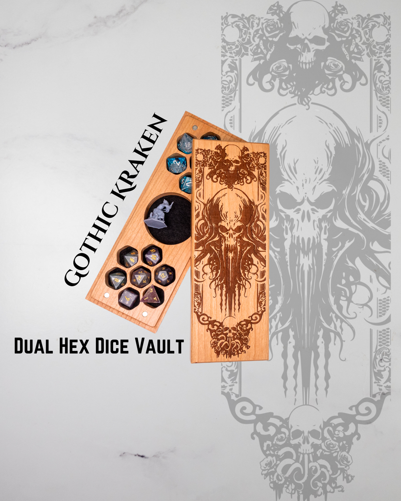 Gothic Kraken dual hex dice vault with dice on a decorative skull background