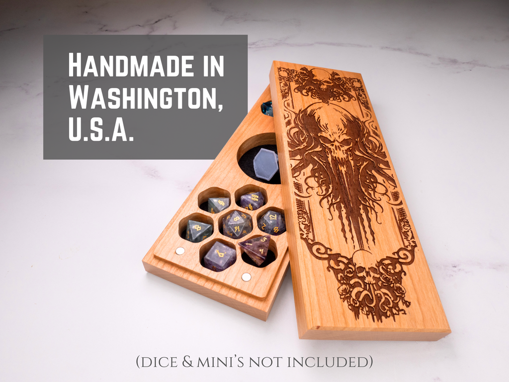 Wooden dice tray with engraved design on a light background, featuring text 'Handmade in Washington, U.S.A.'