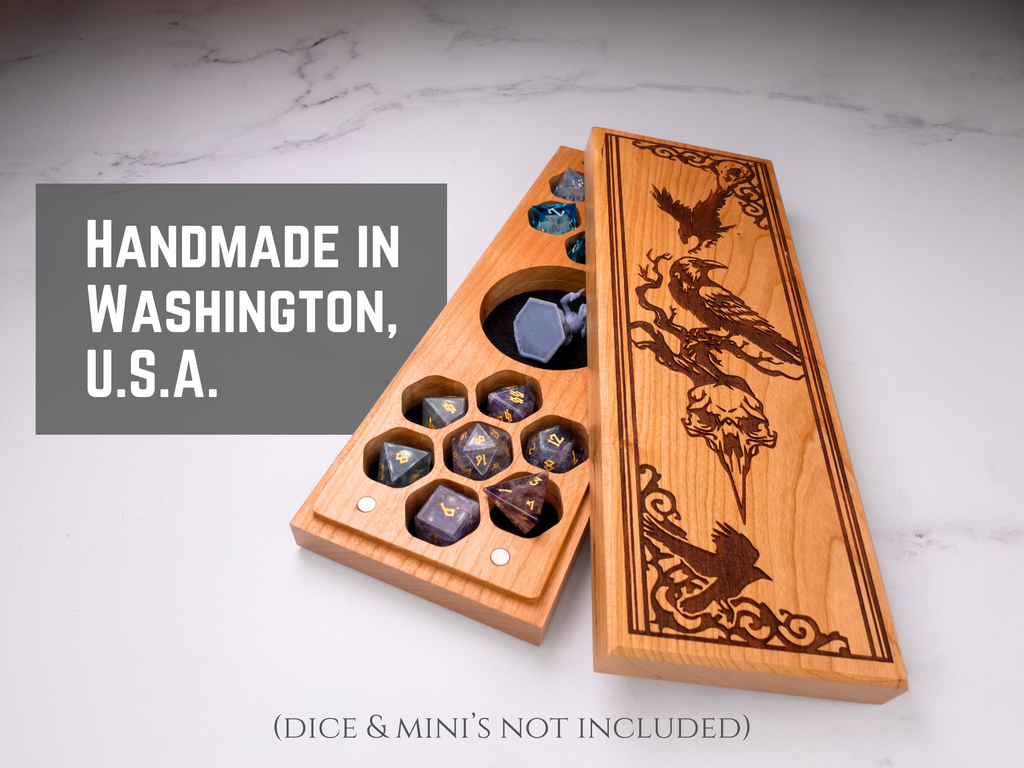 Wooden dice tray with engraved design on a marble surface, labeled 'Handmade in Washington, U.S.A.'