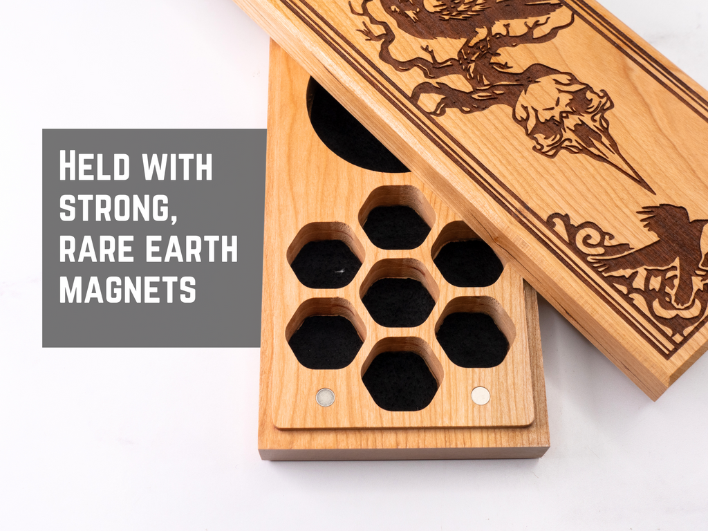 engraved wooden dice vault for dungeons and dragons