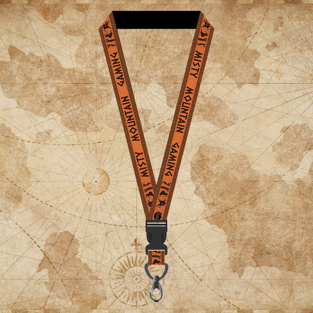 A lanyard with brown straps and black text, featuring Greek-inspired patterns, displayed against a vintage map background.
