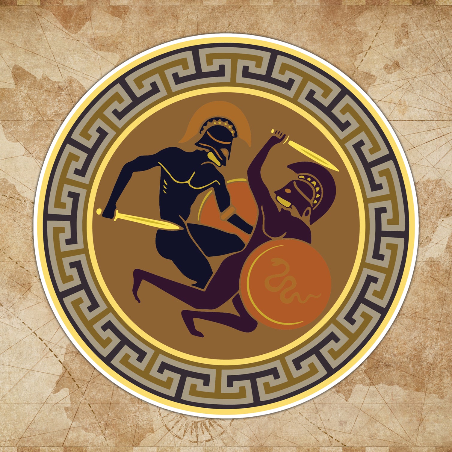 A sticker with a design featuring two ancient Greek figures in a combat scene, surrounded by a circular pattern with geometric motifs.