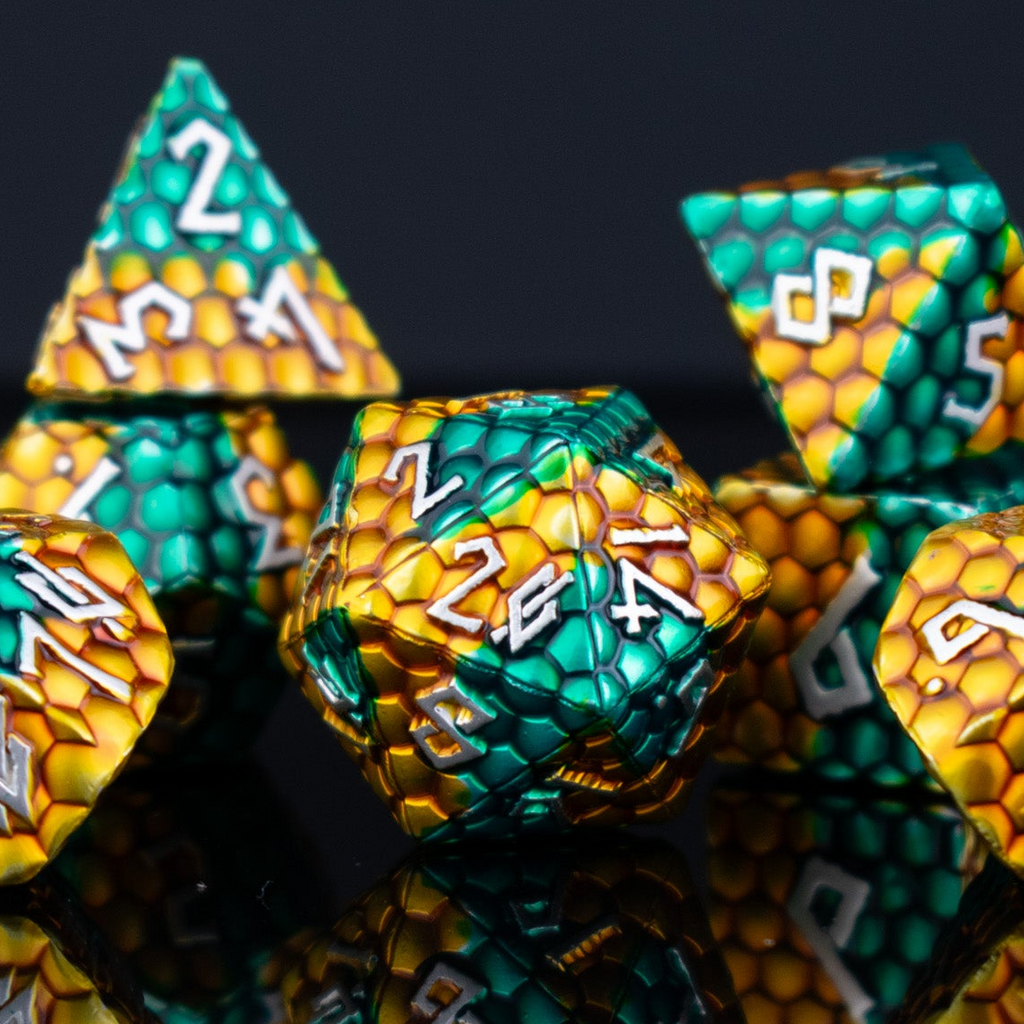 Set of polyhedral dice with green and yellow color scheme on a dark background